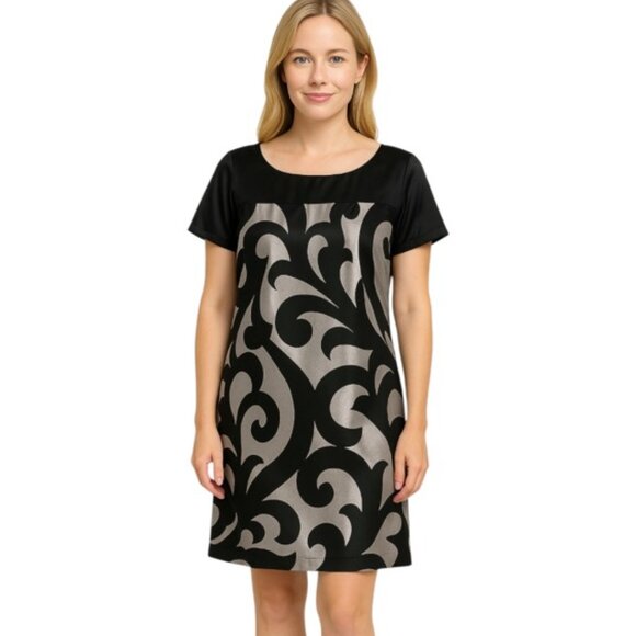 Cynthia Steffe Medium Twelfth Street Silk Black Silver Abstract Shift Dress - Picture 1 of 7